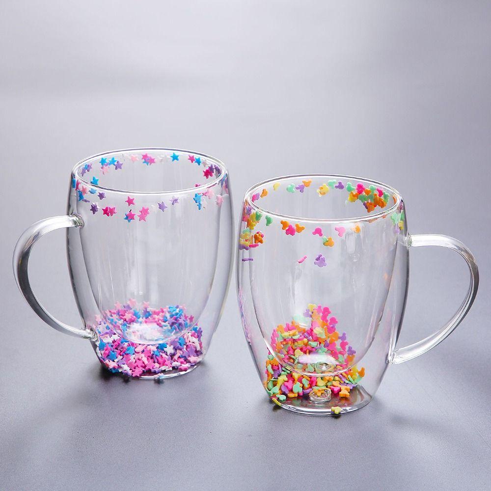 Populer Double Wall Glass Cup Handmade Insulated High Borosilicate Tea Drink Cups Cangkir Kopi Whisky Cup Dengan Isian Bintang Glitters