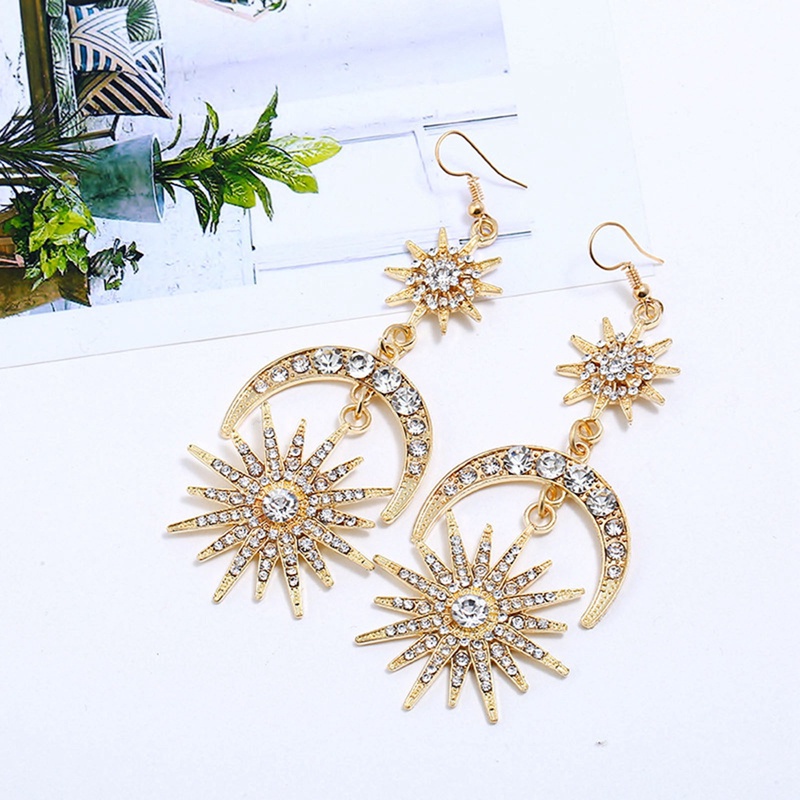 Multi-layer Bintang Logam Berlian Imitasi Aksesoris Rambut Wanita Styling Rambut Hairband Dengan Set Perhiasan Anting Bulan Matahari