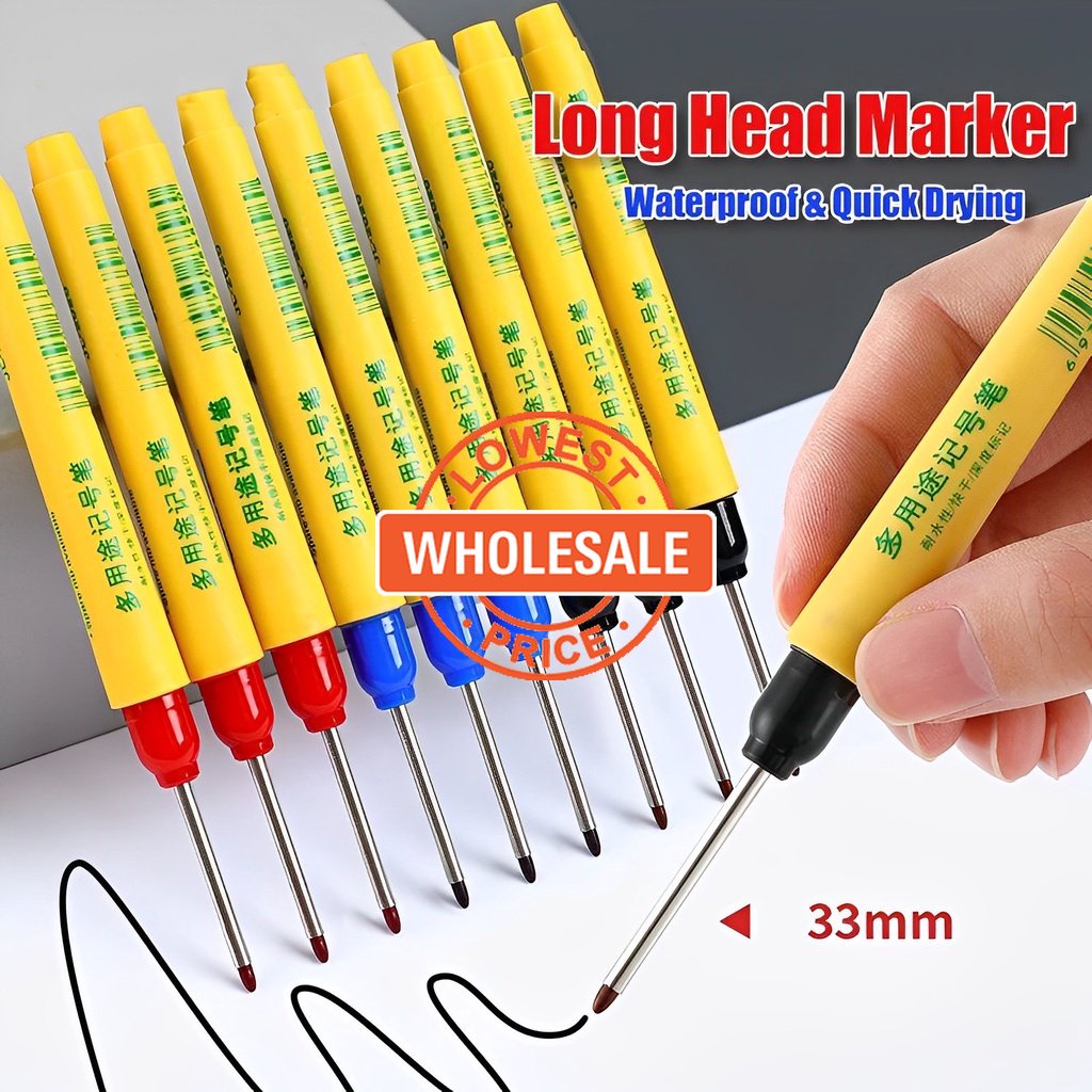 [Harga Grosir] 33mm Merah/Hitam/Biru Tinta Panjang Kepala Penanda Lubang Dalam/Multifungsi Tahan Air Cepat Kering Woodworking Marker Pen/Ubin Keramik Lantai Ubin Alat Tulis