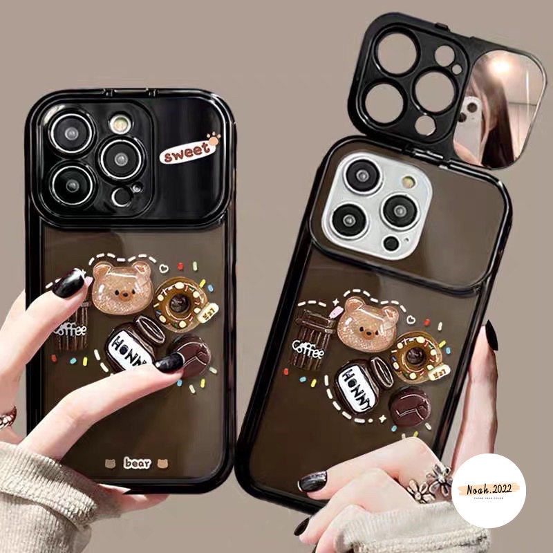 IPHONE 3d Kartun Lucu Mainan Bear Case Kompatibel Untuk Iphone11 12 13 14 Pro Max7 8 14 Plus XR X XS MAX SE Kreatif Flip Make Up Cermin Kopi Donat Silicon Shockproof Soft Case