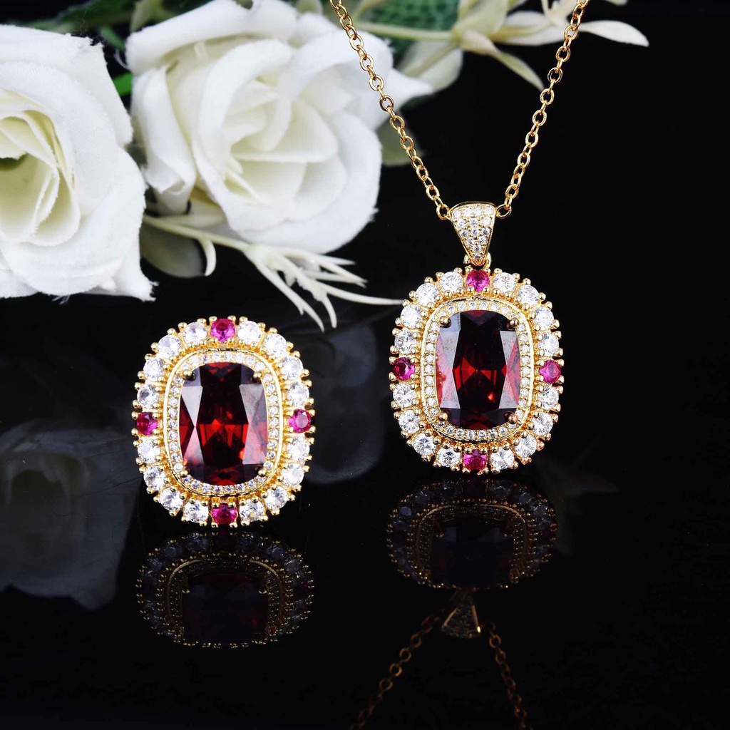 Goldkingdom Fashion Perhiasan Aksesoris Ready Stock Liontin Kristal Kuning Ruby Set Pertunangan Cincin Kalung