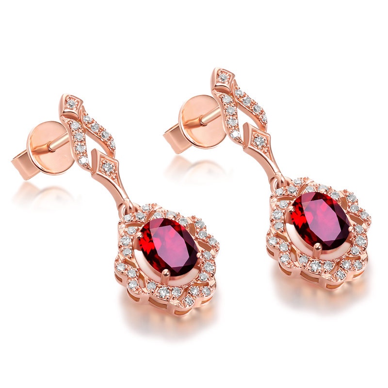 Goldkingdom Aksesoris Perhiasan Fashion Ready Stock Dengan Berlian Mikro, Rose Gold, Anting Ruby, Anting Panjang