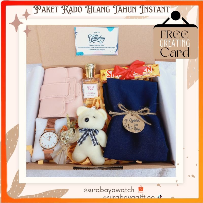 

NEW PRODUCT Paket Gift Box Cewek Hampers Ulang Tahun Paket Kado Wisuda Coklat Silverqueen Dompet Pashmina Hijab Gantungan Kunci Ucapan Anniversary Buket Bunga Wisuda Graduation Kartu Ucapan