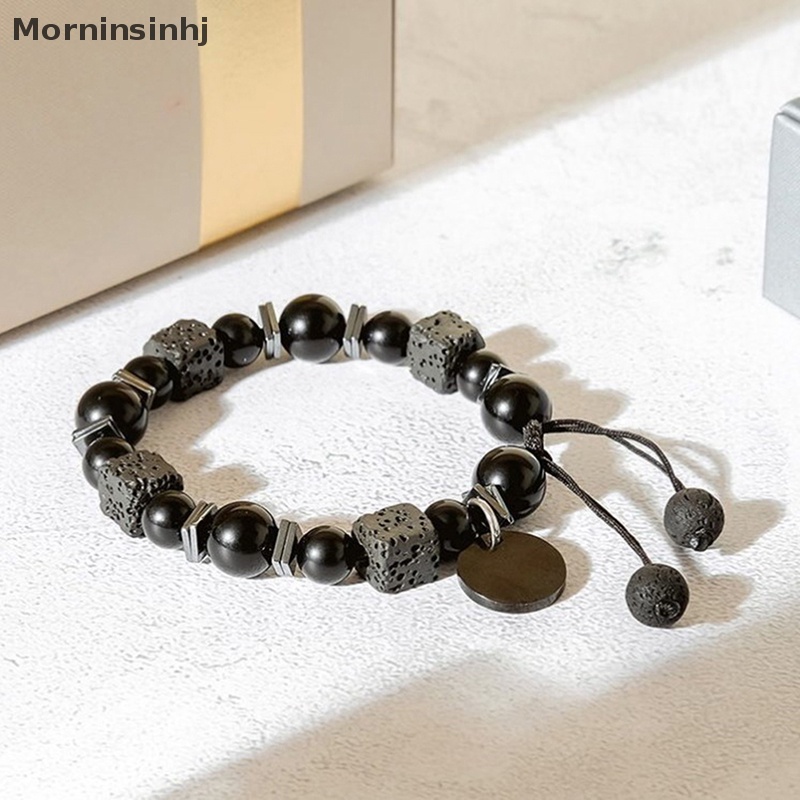 Mornin Gelang Hitam Lava Square Volcanic Stone Gelang Pria Matte Black Glass Beads Adjustable Bracelet Gelang Charm id