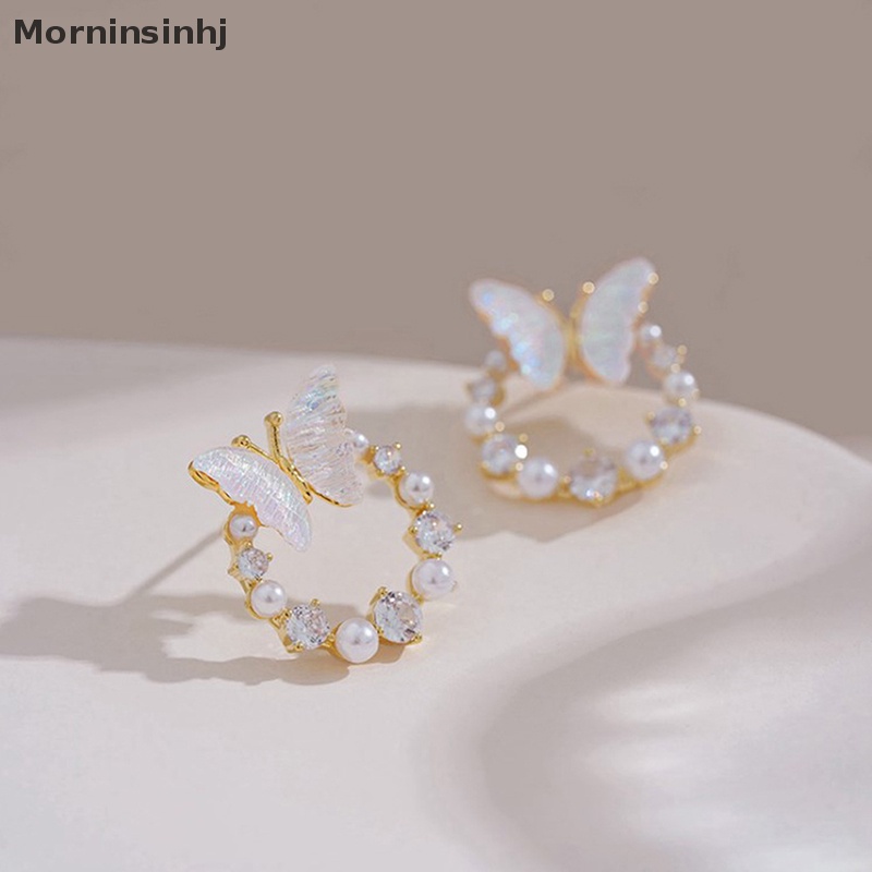 Mornin Korea Mode Baru Shiny Butterfly Stud Earrings Untuk Wanita Halus Berlian Imitasi Mutiara Lingkaran Anting Pengantin Pernikahan Perhiasan Hadiah id