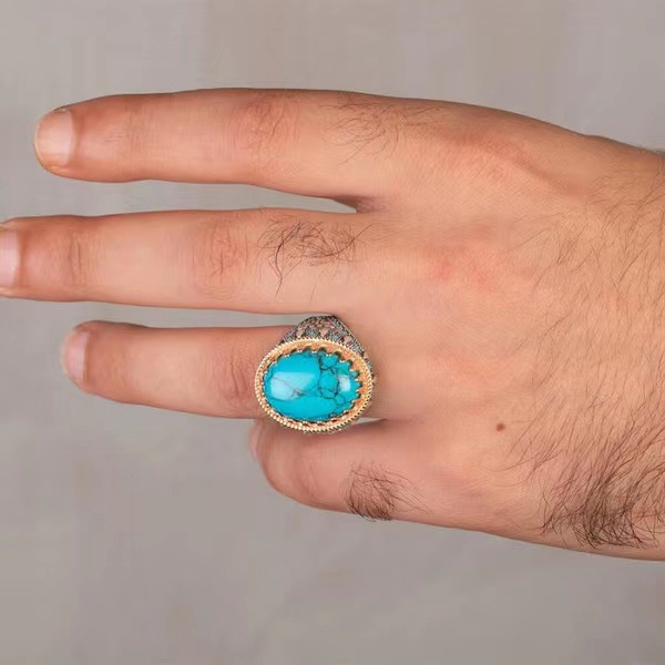 Pola Retro Turquoise Pria Cincin Pria Keren Zirkon Cincin Trendi Pria Single Ring