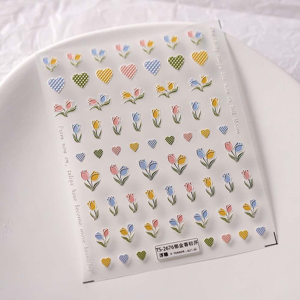 Needway Bunga Stiker Kuku Warna-Warni 3D Relief Iris Bunga Self Adhesive Nail Dekorasi