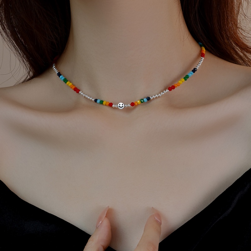 Kami Bunga Korea Lucu Rainbow Beads Smile Face Choker Kalung Untuk Wanita Gadis Indah Warna-Warni Resin Manik-Manik Rantai Kalung Fashion Perhiasan Hadiah