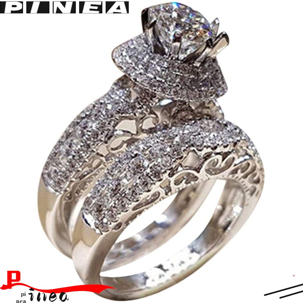 Nanas 2 Pcs Cincin Berlian Wanita Perhiasan Double-layer Tunangan Pasangan Perhiasan Aksesoris Set Mewah Kristal