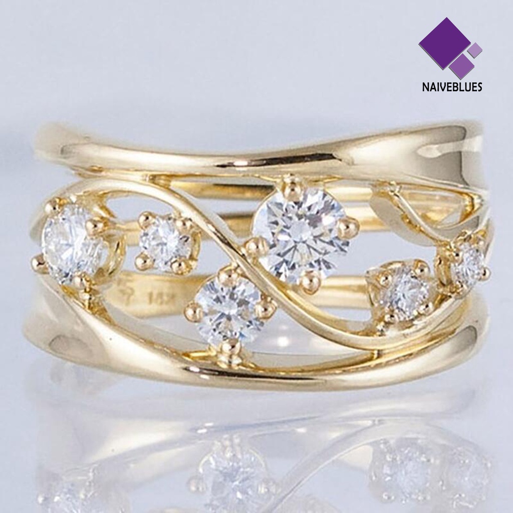 &lt; Naiveblues &gt; Cincin Jari Wanita Anti Tarnish Berongga Garis Bergelombang Geometris Zirconia Ring Engagement