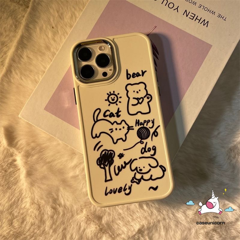 IPHONE Art Kartun Graffiti Flower Phone Case Kompatibel Untuk Iphone11 13 14 12 Pro Max XR 7Plus 8 7 Plus X XS Max Cinta Hati Kucing Anjing Lucu Beruang Plating Metal Frame Lensa Soft Cover