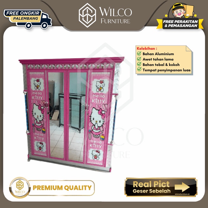 Lemari Pakaian Aluminium 4 Pintu Motif Hello Kitty / Lemari Baju Anak