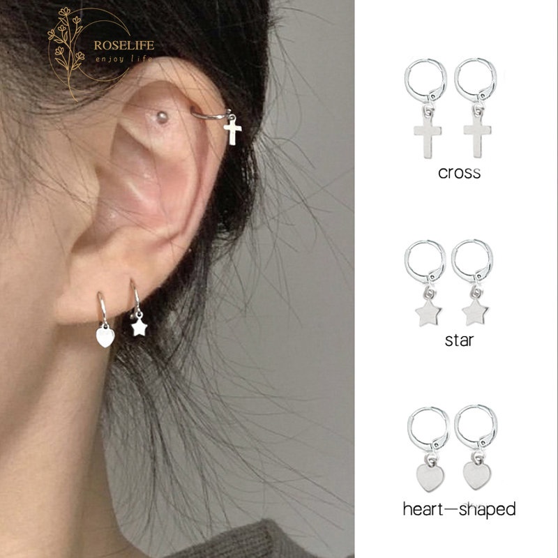 Roselife 6 Pcs/Set Korea S925 Perak Hati Bintang Salib Busur Kupu-Kupu Pesona Anting Hoop Untuk Wanita Perempuan Halus Ikatan Simpul Bunga Menjuntai Anting-Anting Set Ins Trendi Perhiasan Telinga