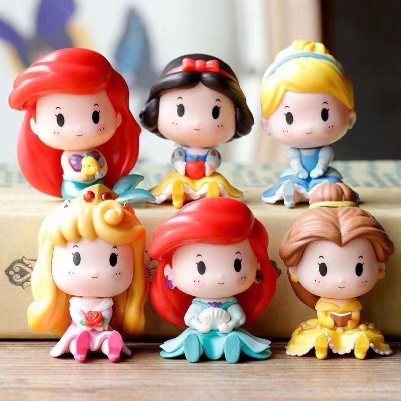 Disney Princesses Q Posket Figure Mainan Boneka Mermaid Ariel Cinderella Snow White Versi Duduk PVC Action Figure Toy 6PCS/Set