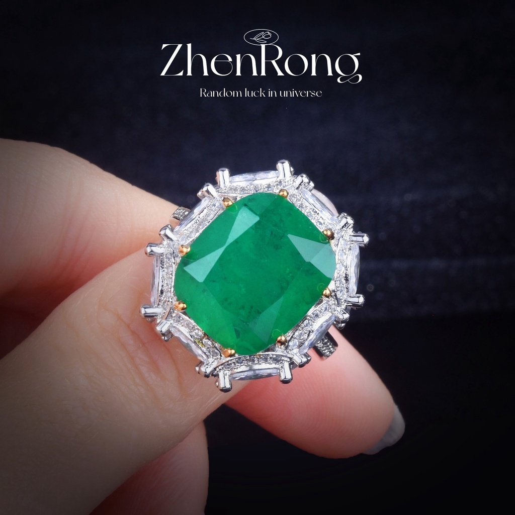 Goldkingdom Aksesoris Perhiasan Fashion Ready Stock Mewah Perak Natural Emerald Persegi Panjang Berlian Hijau Warna-Warni Harta Cincin Perempuan