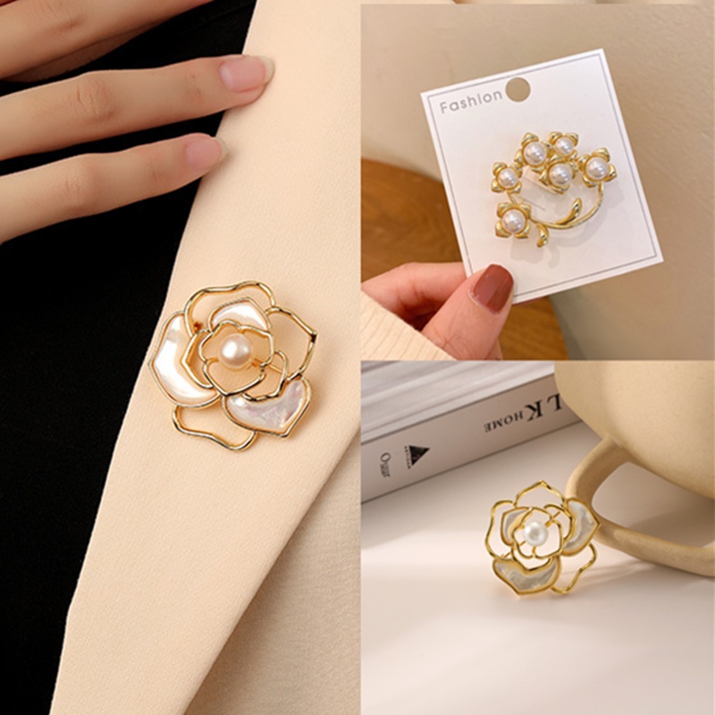 Bros Mutiara Bunga Camelia Emas Untuk Wanita2023Kristal Butterfly Shell Korsase Cewek Cantik Wreath Alloy Brooch Aksesoris Tambahan