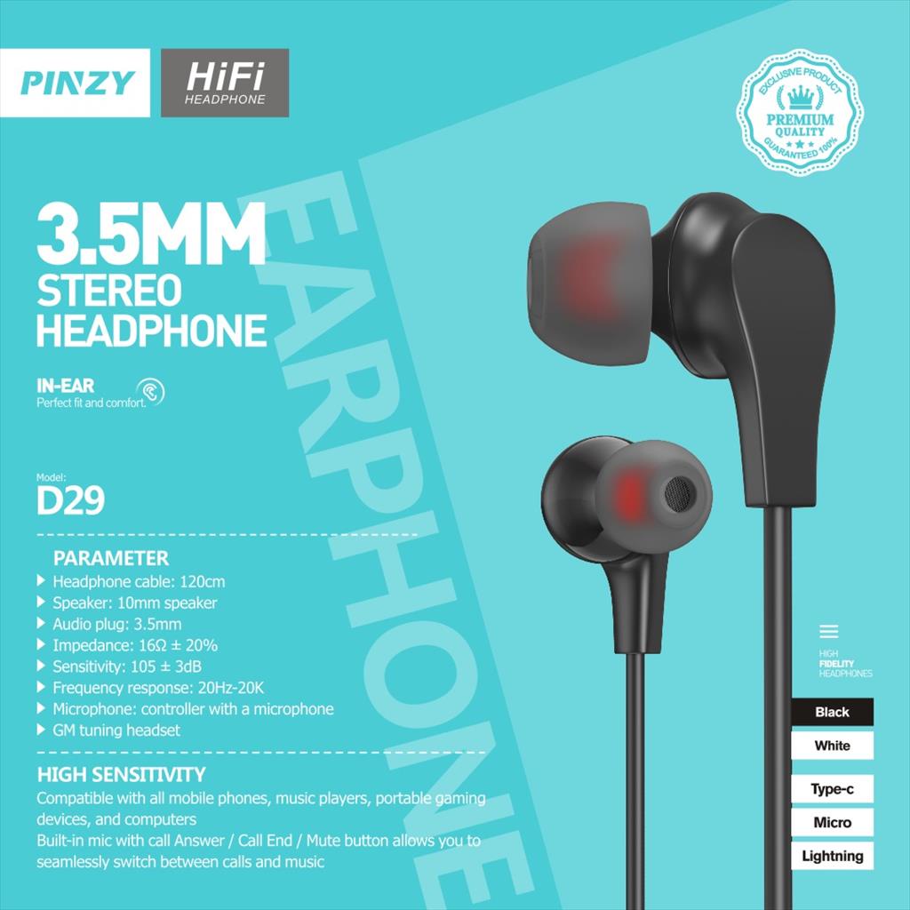 PINZY Stereo Bass Earphone D29 With Microphone