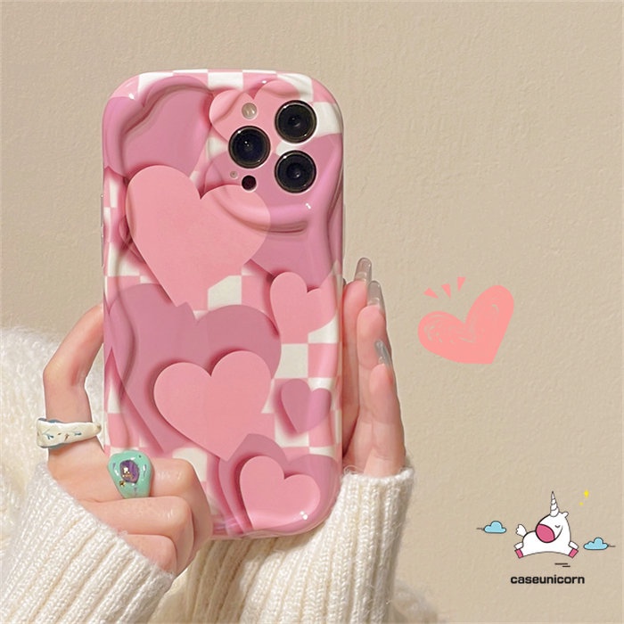 Fahion Lattice Case Untuk Realme C53 C55 C31 7i 5 6i 5s 5i C35 C25 C21Y C12 C20A C25Y C11 C17 C20 C25s C30 C15 C33 C21 C1 C3 Kreatif Rose Pink Love Heart 3D Bergelombang Lengkung Tepi Penutup