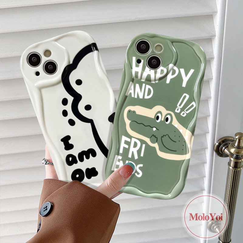 Kartun Lucu Hijau Crocodile Pasangan Shockproof Case Kompatibel Untuk IPhoneXR XS X Max8 7 6 6s Plus 11 12 14 13 Pro Max SE 2020 3D Wavy Curved Edge Soft Tup Cover