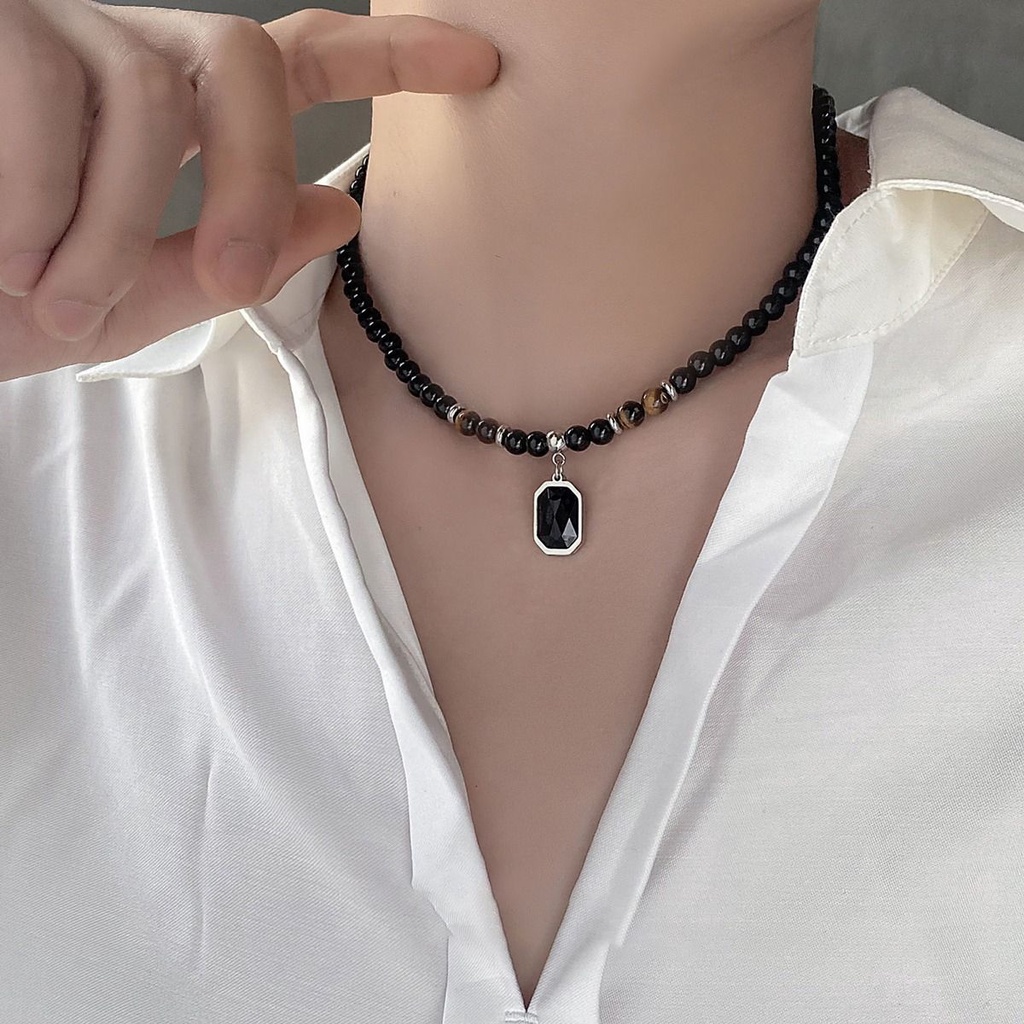 Pria Manik-Manik Tiger Eye Beads Hip Hop Kalung Obsidian Pria Kalung，kalung pria korea