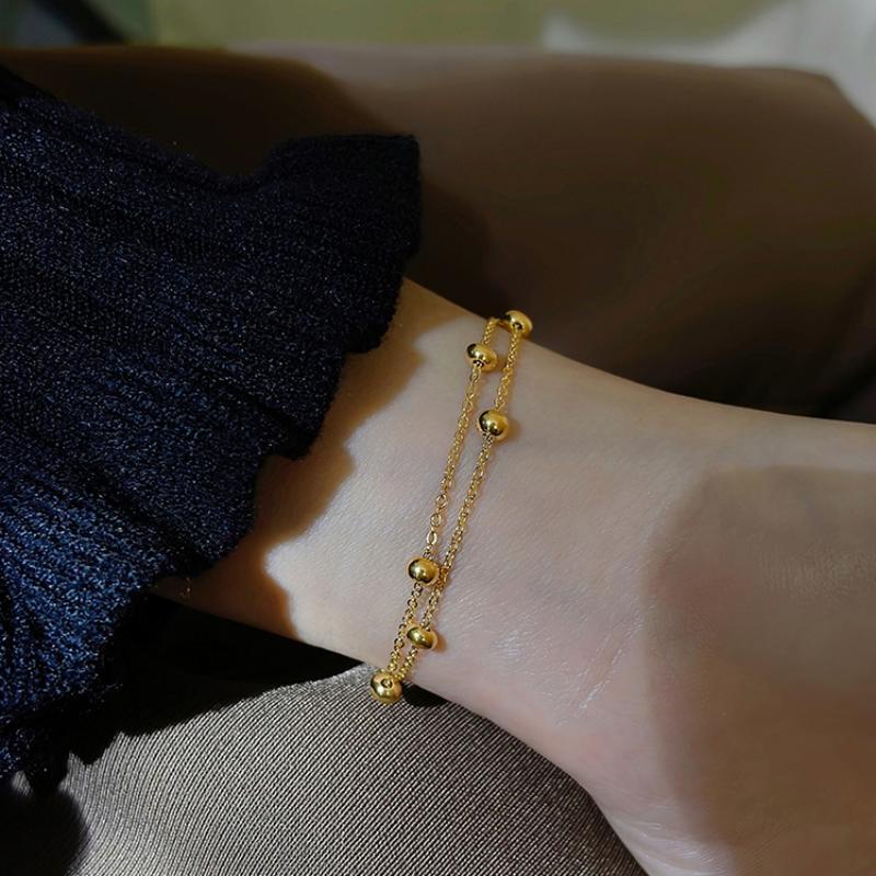 Gelang titanium Anti Karat Emas 18K Wanita Rantai Ganda Keberuntungan Manik Tangan Ornamen