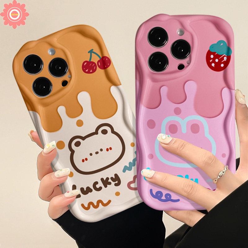 Casing Ponsel Kelinci Ice Cream Lucu Kompatibel Untuk IPhone XR 11 13 12 14 Pro Max7 8 6s 6 Plus X XS Max SE 2020 Kartun Beruang Ceri Lembut Tpu 3D Bergelombang Tepi Melengkung Pasangan Cover