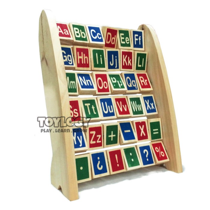 Mainan Kayu Edukasi Anak Huruf Alphabet Angka Berdiri Balok Abjad Papan Belajar Wooden Montessori