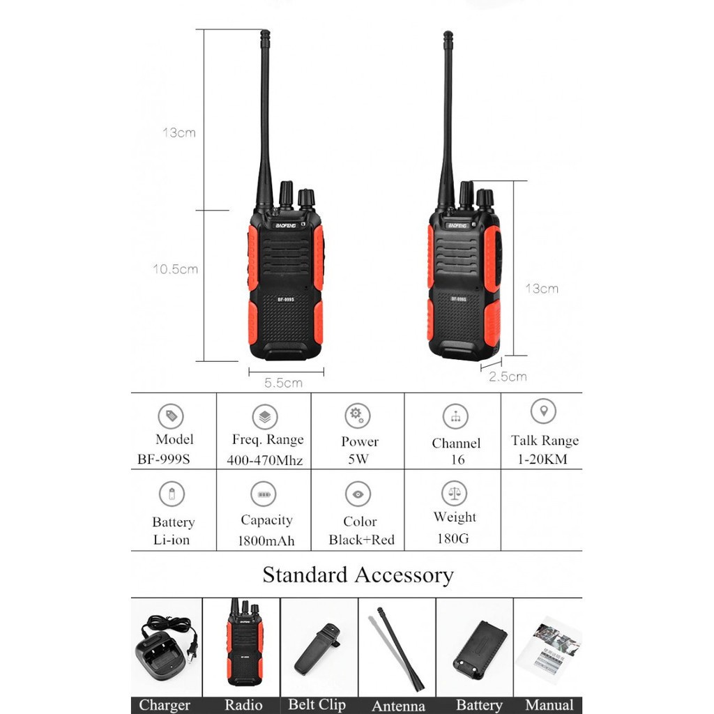 190 HT BF-999s Walkie Talkie Single Band 5W Two-Way Radio