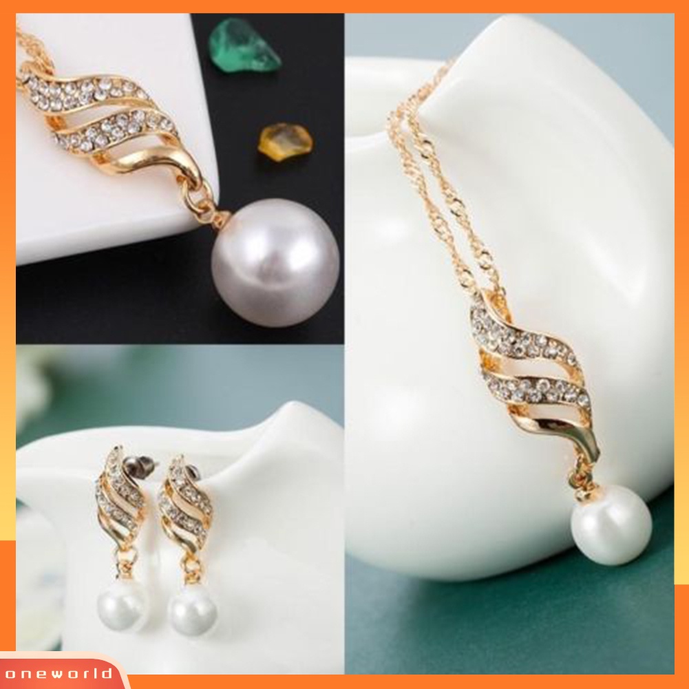[ONE] Wanita Pernikahan Berlian Imitasi Mutiara Imitasi Spiral Liontin Kalung Anting Set Perhiasan