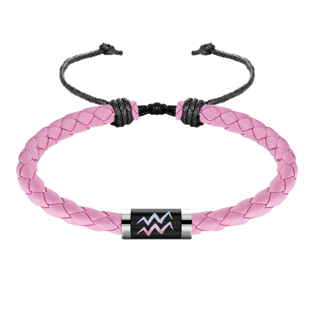 Gelang Tangan Wanita Gambar Simbol Zodiak Pink Simple Adjustable Kulit Kepang Tabung Stainless Steel Aquarius Capricorn Cancer Leo Sagittarius Gemini Virgo Pisces Libra Taurus Aries Scorpio