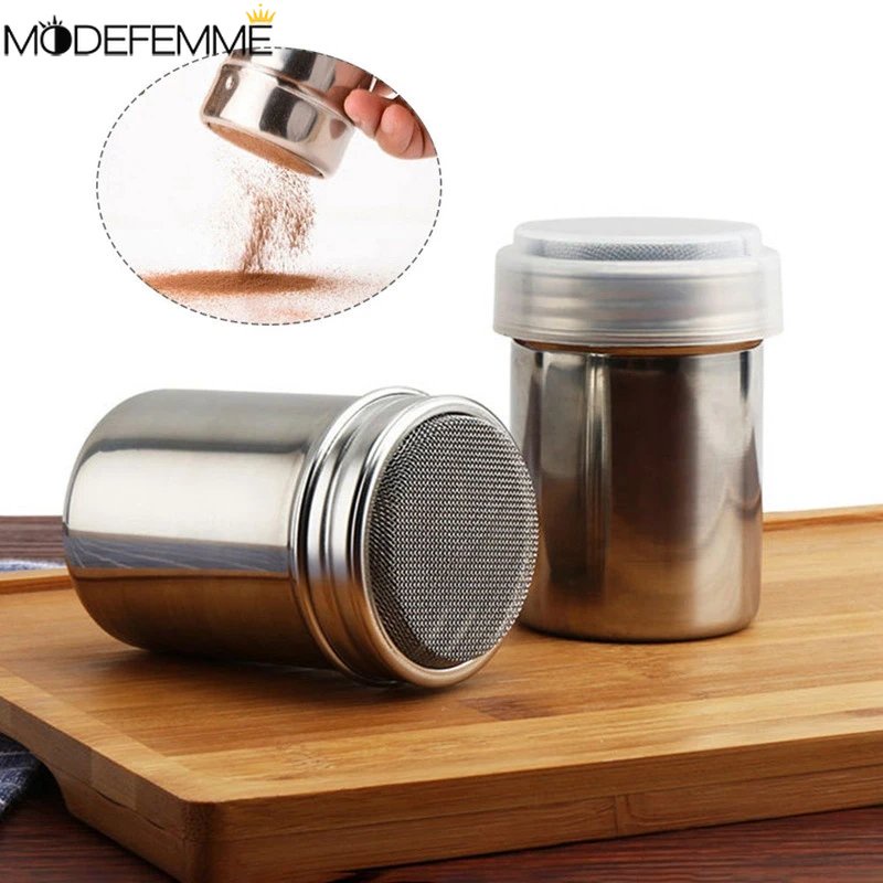 Tabung Dispenser Bubuk Dengan Jaring Lubang Padat Toples Bumbu Kain Lap Tepung Saringan Dapur Stainless Steel Powder Dispenser Bubuk Gula Shaker Dengan Tutup Pengocok Bubuk Kopi Coklat