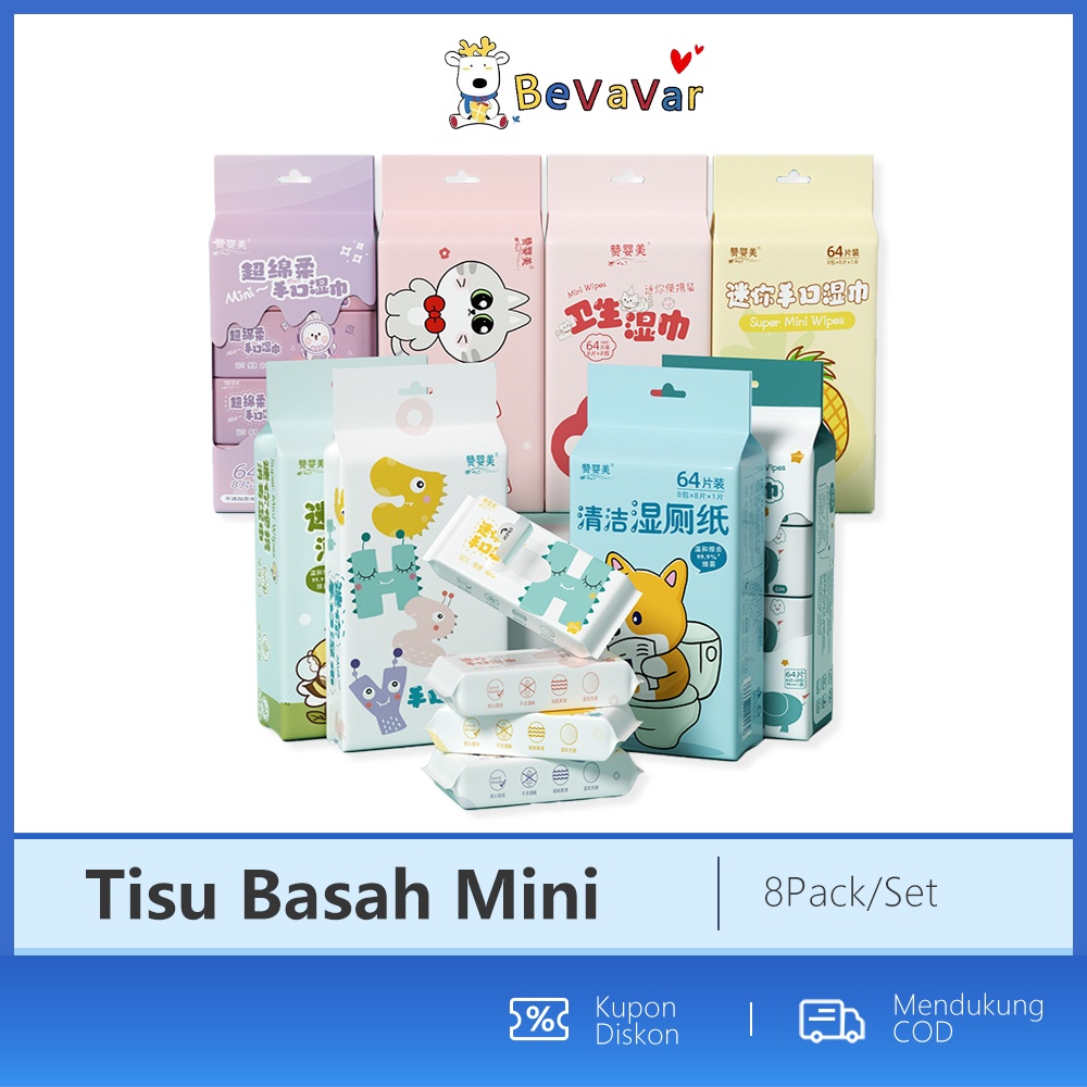 BEVAVAR 8pcs Baby Wipes mini/Tisu bayi Tanpa Alkohol/Kertas toilet basah untuk bayi