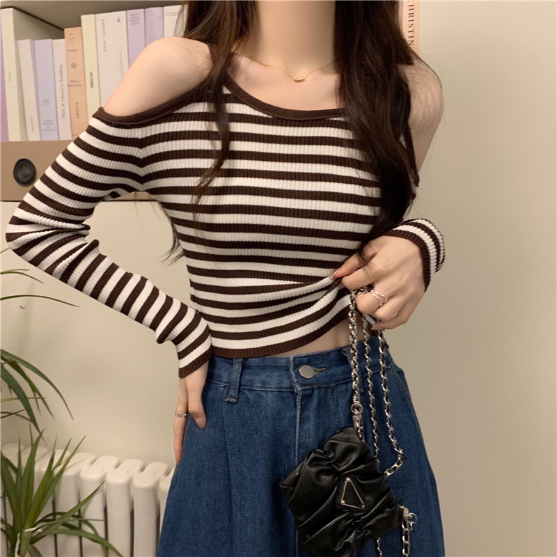Kekinian Atasan Wanita Off-Shoulder Lengan Panjang Korean Rajut Top
