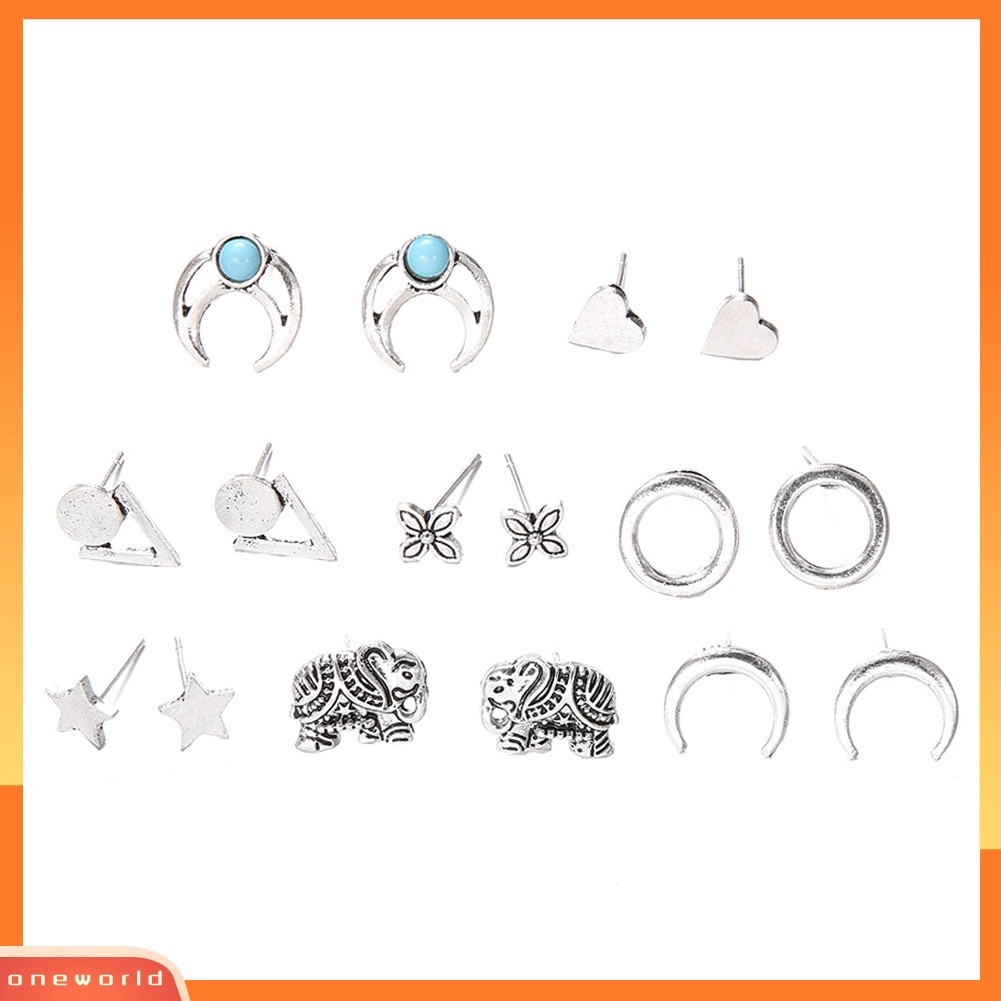 [WOD] 8pasang Wanita Boho Geometris Jantung Bintang Bulan Imitasi Turquoise Ear Studs Earrings