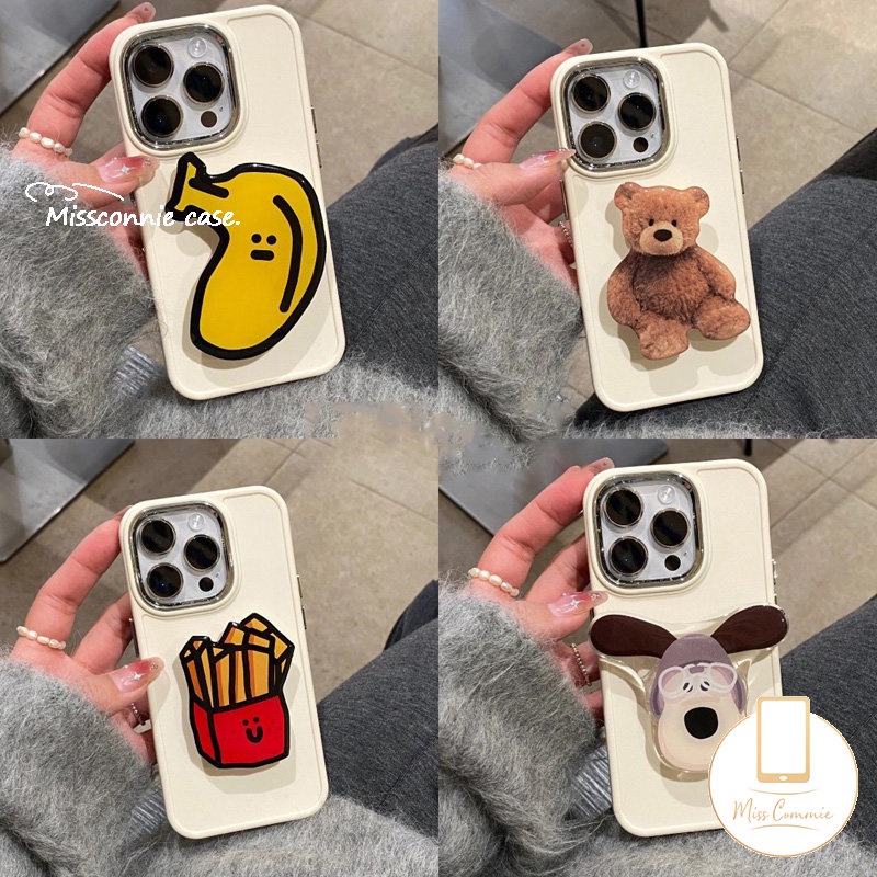 IPHONE Case Bingkai Lensa Logam Plating Warna Solid Sederhana Kompatibel Untuk Iphone7 8 Plus11 14 12 13 Pro MAX X XR XS MAX Soft Cover Dengan Beruang Lucu Puppy Pisang Kentang Goreng Bracket Aksesoris