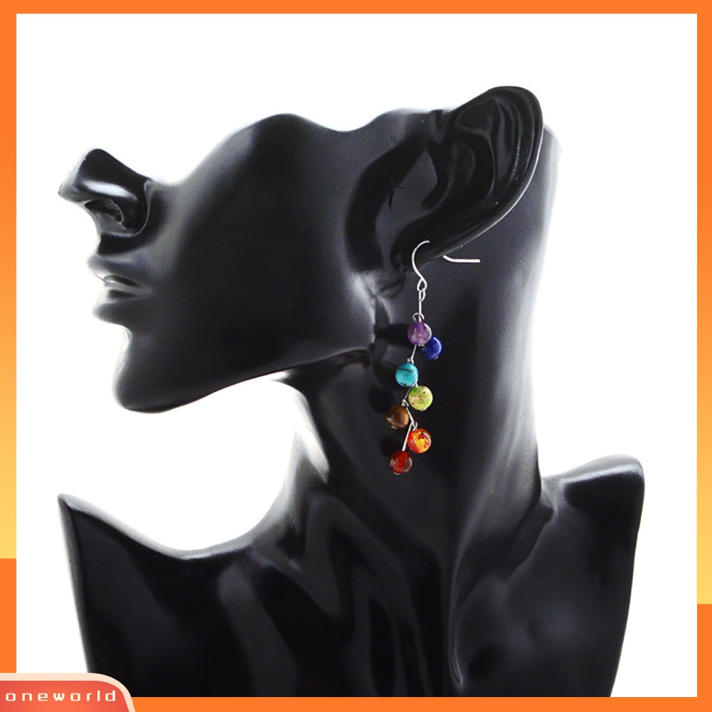 [WOD] Wanita Fashion Yoga 7 Chakra Batu Warna-Warni Manik-Manik Drop Hook Anting Perhiasan