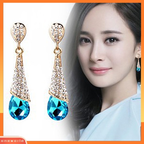 [WOD] Wanita Tetesan Air Lampu Gantung Berlian Imitasi Penuh Zirkon Anting Telinga Stud Ear-clip