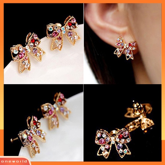 [WOD] 1pasang Wanita Berlian Imitasi Warna-Warni Ikatan Simpul Busur Telinga Studs Earrings Jewelry Charm