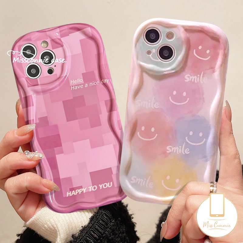 Smiley Case Lucu Untuk Realme C35 C55 C25Y C21 5 9i 5i 5s 7i 6i C53 C33 C21Y C20A C25 C25s C30 C2 C11 C17 C31 C15 C20 C3 C1 C12 3D Wavy Curved Edge Fashion Lattice Lembut Tpu Cover