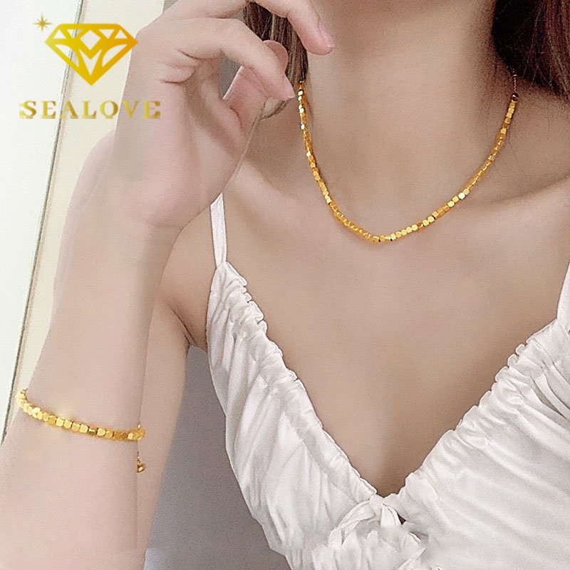 Kalung Titanium Wanita Keberuntungan Kubus Nugget Emas 18K Anti Karat Mewah Korea Aksesoris Perhiasan