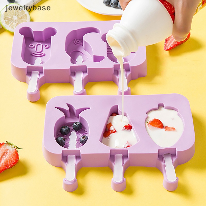 [jewelrybase] Cetakan Es Krim Silikon Cetakan Es Loli Kartun Hewan DIY Dengan Tutup Dan Stik Butik