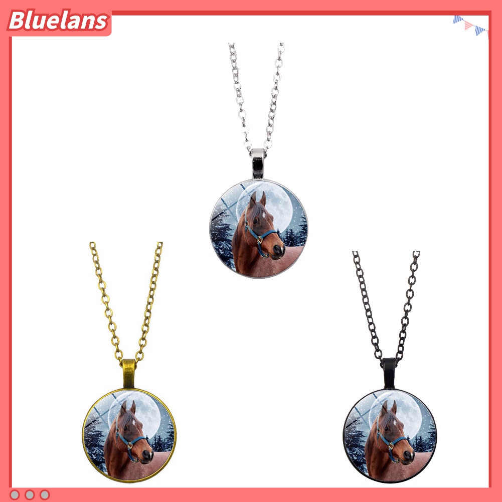 [BLS] Winter Horse Cabochon Vintage Kaca Liontin Rantai Kalung Wanita Perhiasan Hadiah