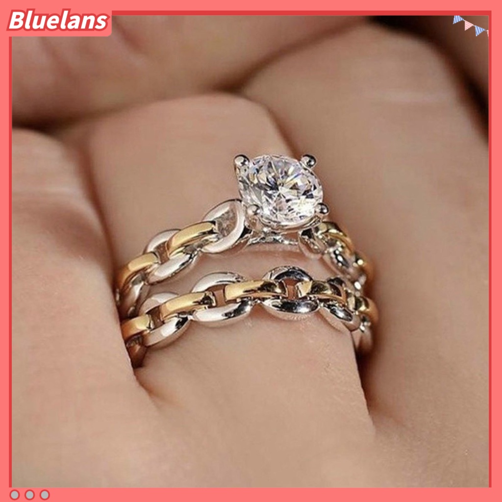 [BLS] 2pcs /Set Rantai Permukaan Halus Pernikahan Band Alloy Two-tone Berlian Imitasi Wanita Rings Charm Jewelry