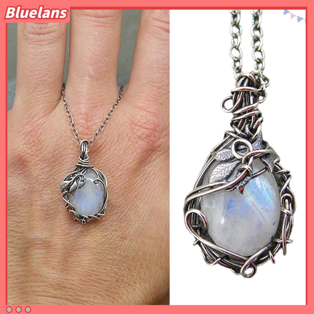 [BLS] Rantai Ekstensi Dapat Disesuaikan Wanita Kalung Ringan Retro Faux Moonstone Leaf Pendant Necklace Perhiasan Aksesoris
