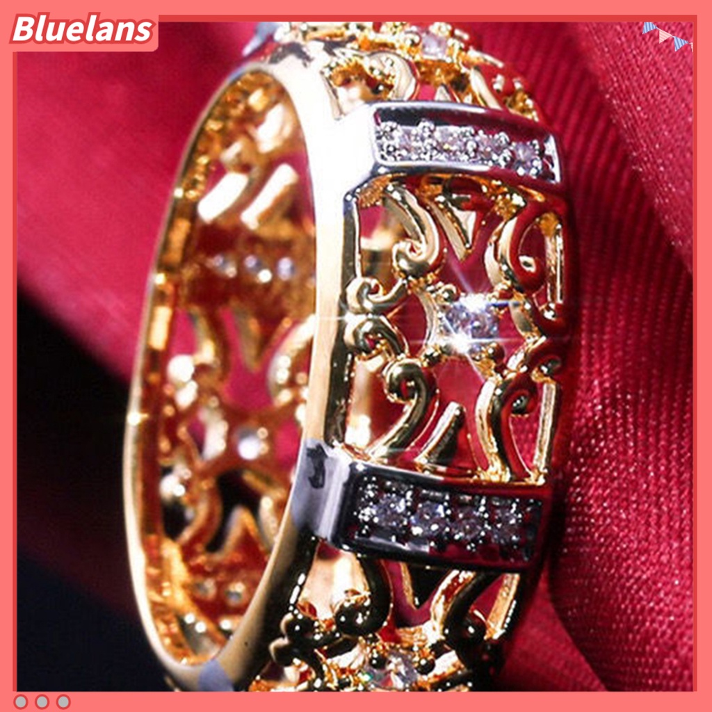 [BLS] Wanita Cincin Gaya Vintage Berongga Ukiran Dua Warna Kuno Bling Cubic Zirconia Ladies Finger Ring Fashion Perhiasan