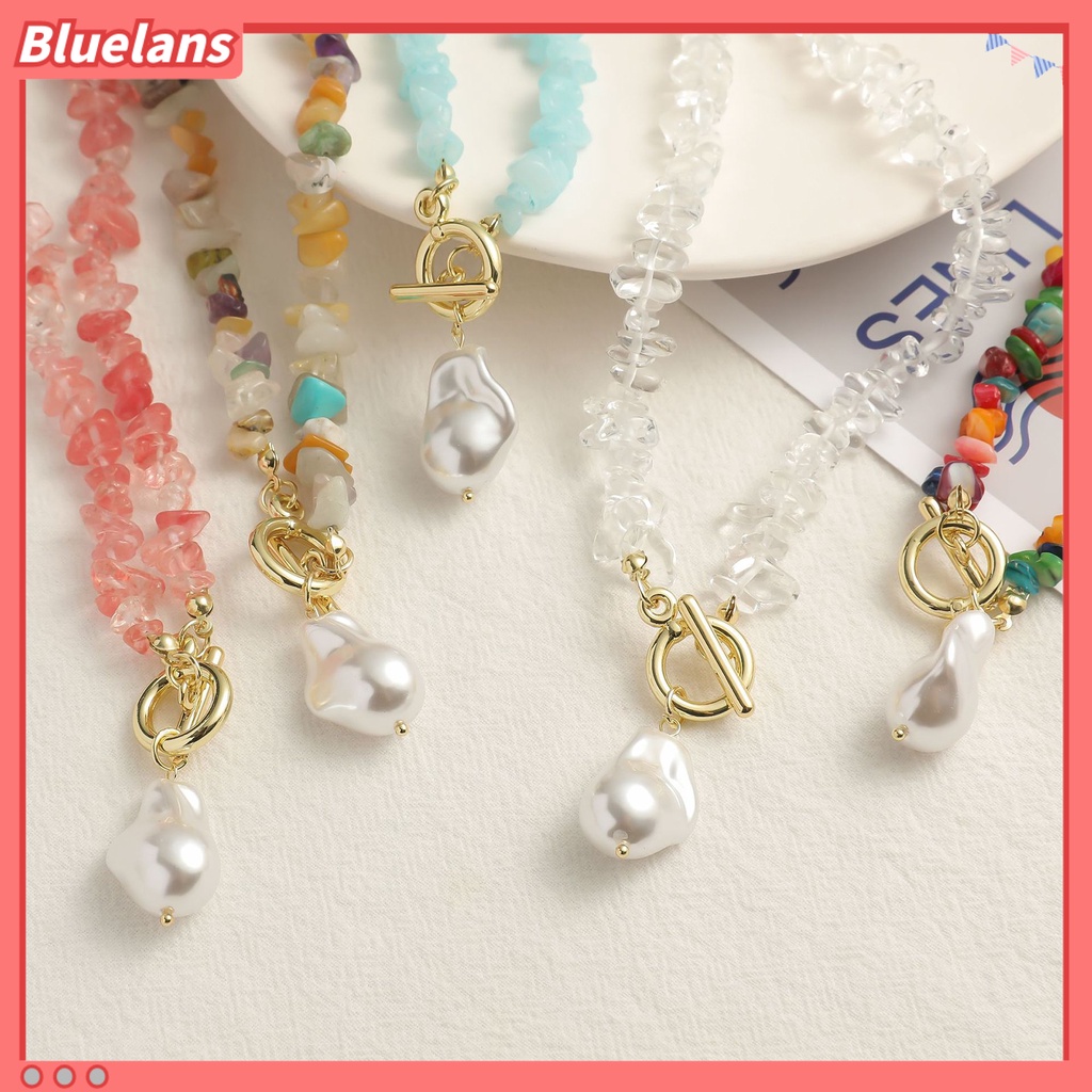 [BLS] Wanita Kalung Tidak Teratur Warna-Warni Batu Alam Manik-Manik Rantai Gaun Elegan Fashion Perhiasan Batu Kalung Mutiara Imitasi Klavikula Rantai Perhiasan Hadiah