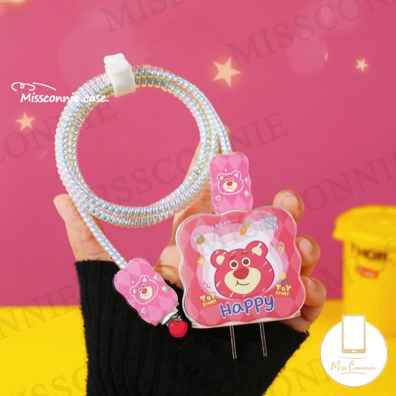 Set Lengan Kabel Data Tepi Bergelombang 5in1 Kompatibel Untuk Apple 18/20W Adaptor Charger Kartun Toy Story Strawberry Bear Macaron Permen Warna 3D Ikatan Simpul Cinta Hati Penutup Kabel Jalur USB