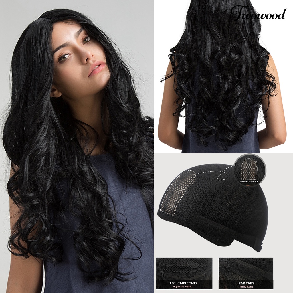 Twowood Wig Gelombang Panjang Permukaan Halus Bernapas Lembut Berbulu Wig Gelombang Tubuh Cosplay Hitam Untuk Perempuan