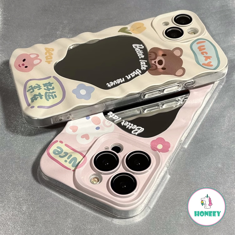 Fashion Makeup Cermin 3D Beruang Lucu Bunny Case Untuk iPhone 14 Pro Max13 12 Pro Max11 Pola Kerut Lembut Shockproof Penutup Belakang