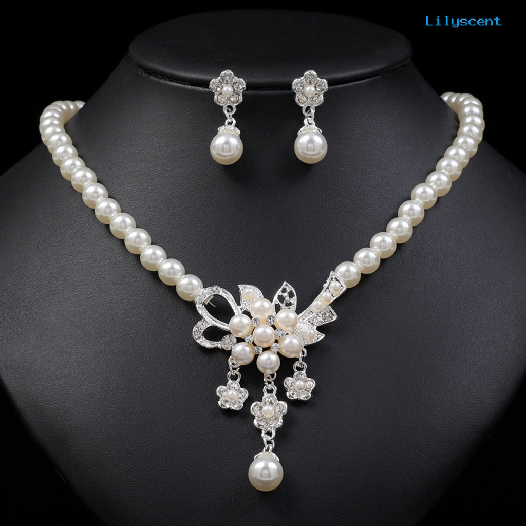 [LS]1 Set Wanita Kalung Manik-Manik Glossy Mutiara Imitasi Berlian Imitasi Tertanam Bunga Pengantin Kalung Stud Anting Kit Pernikahan Perhiasan